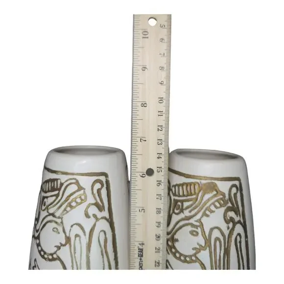 Vintage Mid-Century Mayan Aztec Native Design Vase Pair Cream Gold USA Made - Picture 16 of 16